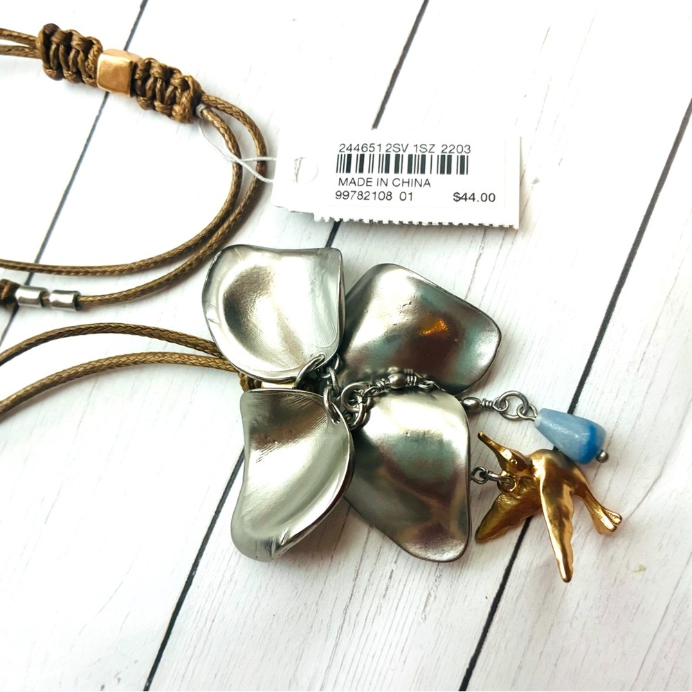 NEW NWT J. Jill Silver Flower Petals Gold Bird Adjustable Cord Necklace $44 Tag - Picture 2 of 4